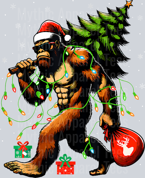 14 Santa Bigfoot Christmas Tree Xmas Lights Funny Sasquatch T-Shirt