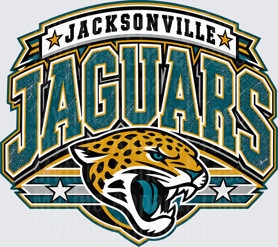 Jacksonville Jaguars Vintage Distressed Bold Arch Logo with Jaguar Mascot and Stars in Teal and Gold