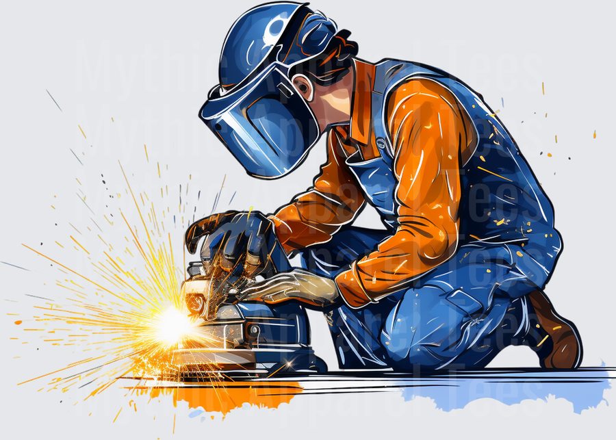 Welder Grinding Metal with Flying Sparks Blue Orange Work Gear Comic Art Style