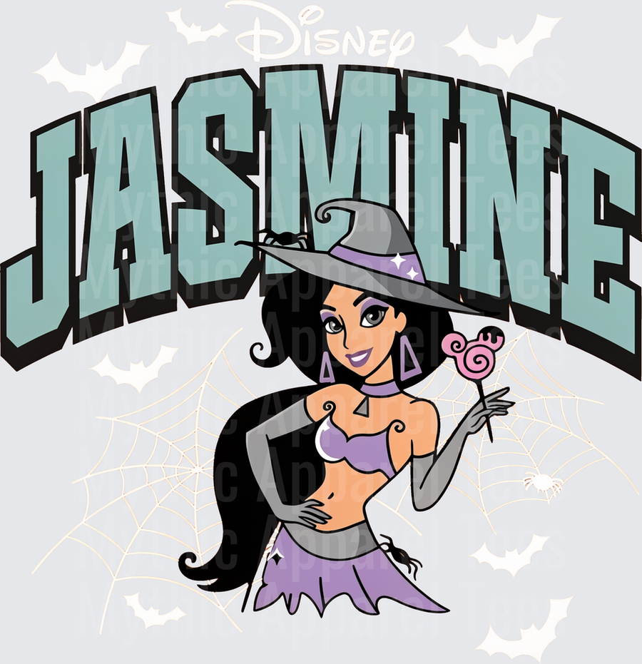 Princess Jasmine Halloween Witch Costume with Spider Hat and Mickey Lollipop Spiderweb Collegiate Arch