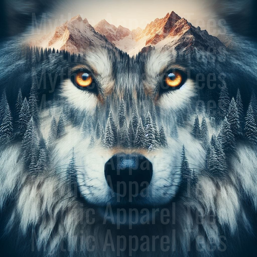 Wolf Face Double Exposure with Snowy Pine Forest and Glowing Amber Eyes Mountain Wilderness