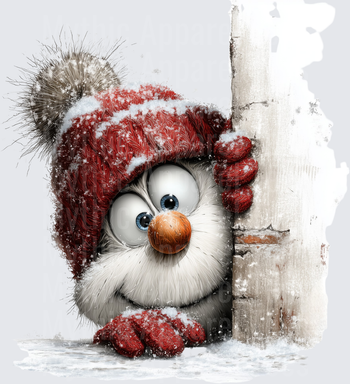 Fluffy Snowman Peeking Around Corner in Red Knit Hat and Mittens with Snow
