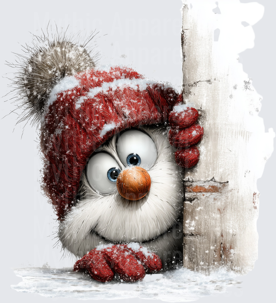 Fluffy Snowman Peeking Around Corner in Red Knit Hat and Mittens with Snow