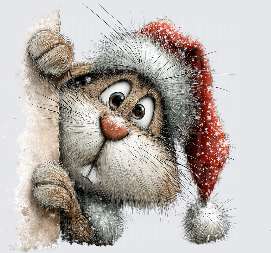 Curious Fluffy Cat Peeking Around Corner Wearing Snowflake Santa Hat with Snow Dusted Fur