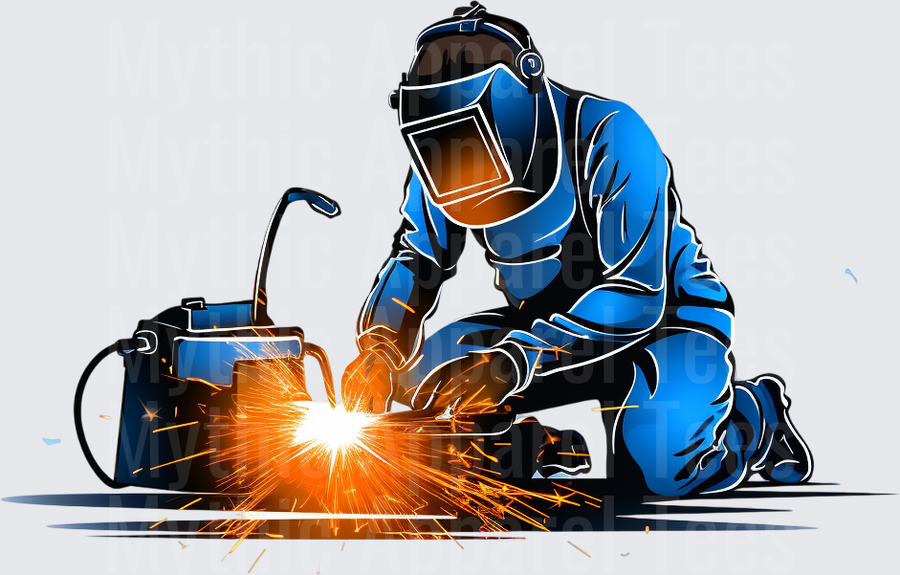 Kneeling Welder in Blue Suit with Welding Mask and Bright Orange Sparks Flying from Weld