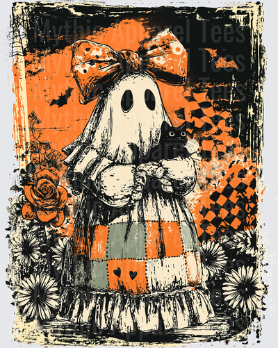 Distressed Halloween Vintage Ghost Girl in Plaid Dress Holding Black Cat with Orange Bow and Floral Accents