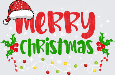 Merry Christmas Santa Hat Holly Berries Candy Cane Colorful Confetti Holiday Design