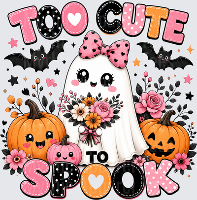 Too Cute To Spook Kawaii Ghost with Pink Bow Floral Bouquet Pumpkins and Bats Halloween