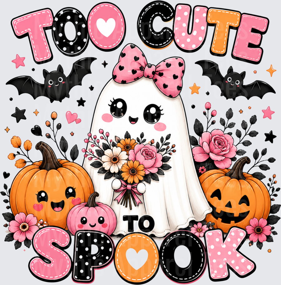 Too Cute To Spook Kawaii Ghost with Pink Bow Floral Bouquet Pumpkins and Bats Halloween