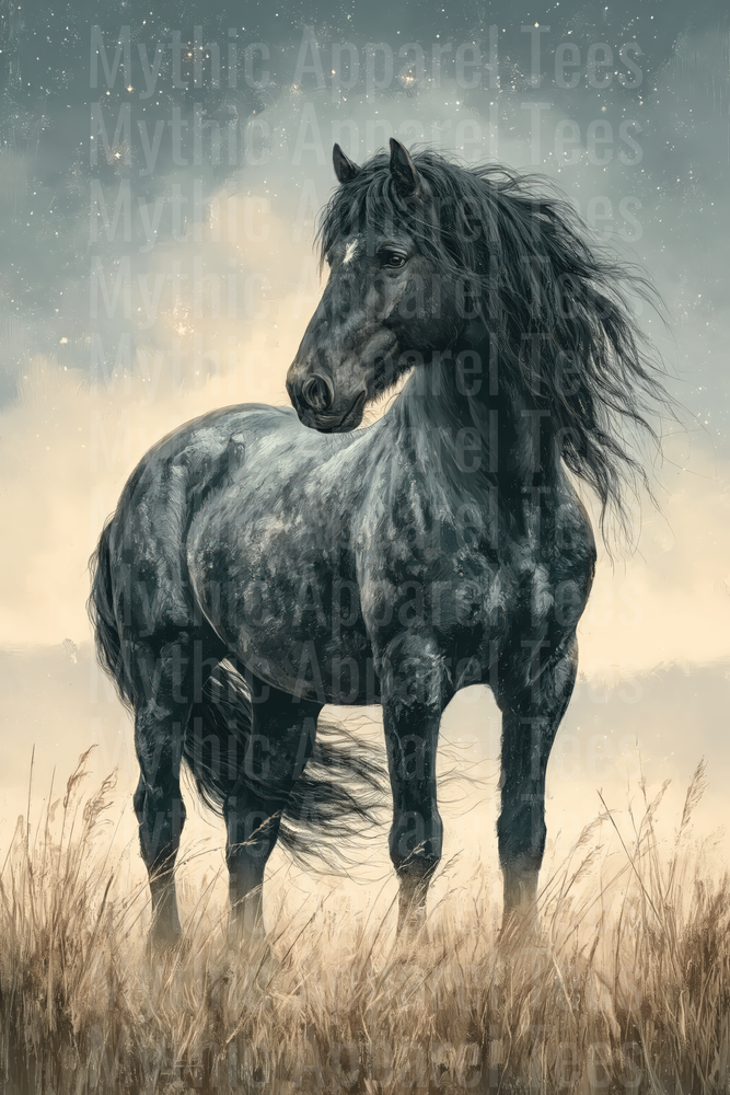 Majestic Dark Dapple Grey Horse with Flowing Mane Standing in Golden Meadow Under Starry Sky