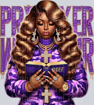 Girl with open bible and pendant Purple Prayer Warrior DTF Religious Transfers