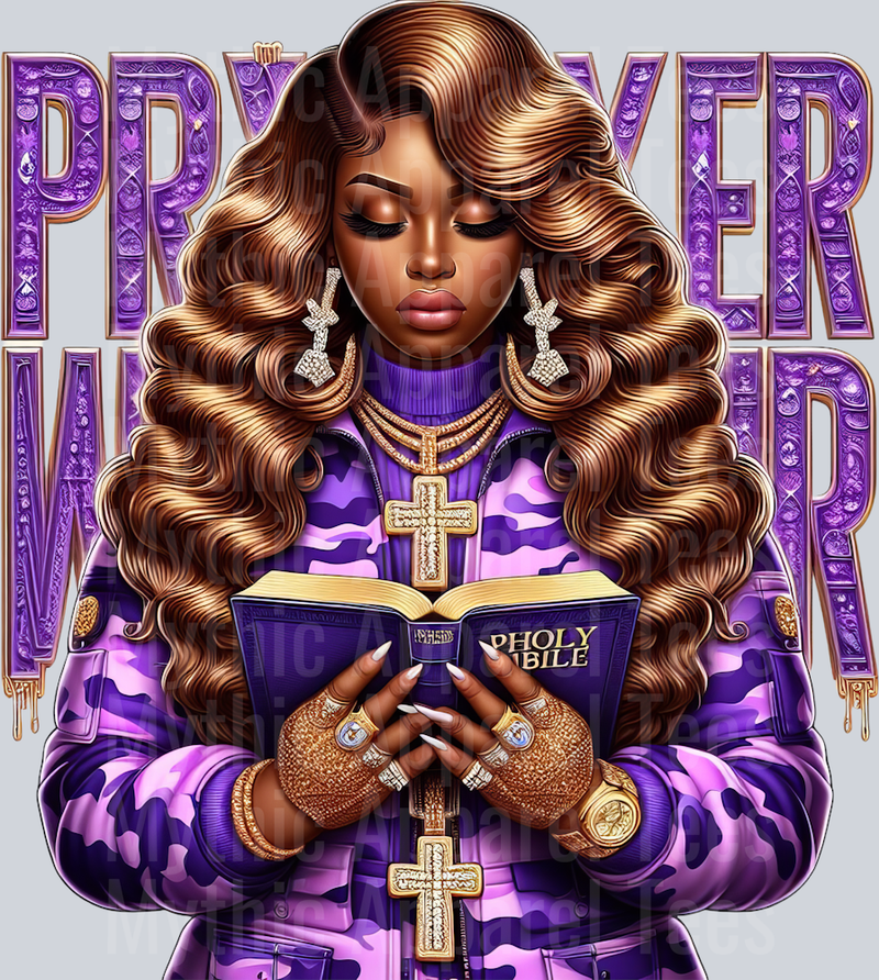 Girl with open bible and pendant Purple Prayer Warrior DTF Religious Transfers