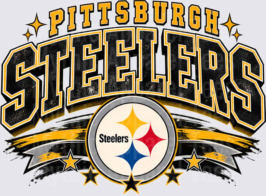 Pittsburgh Steelers Bold Arch Wordmark with Team Logo Stars and Grunge Brushstroke Banner