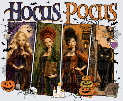 Hocus Pocus Sanderson Sisters Doll Style Halloween Trio with Black Cat Pumpkins Spellbook Bats and Salem 1692 Sign