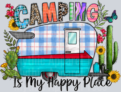 Camping is my happy place plad camper DTF Summer Transfers