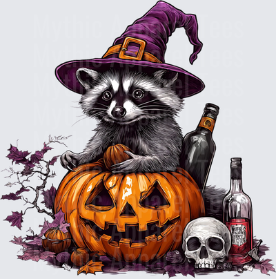 Cute Raccoon Witch Hat Jack-O-Lantern Pumpkin Skull Whiskey Bottle Spooky Halloween