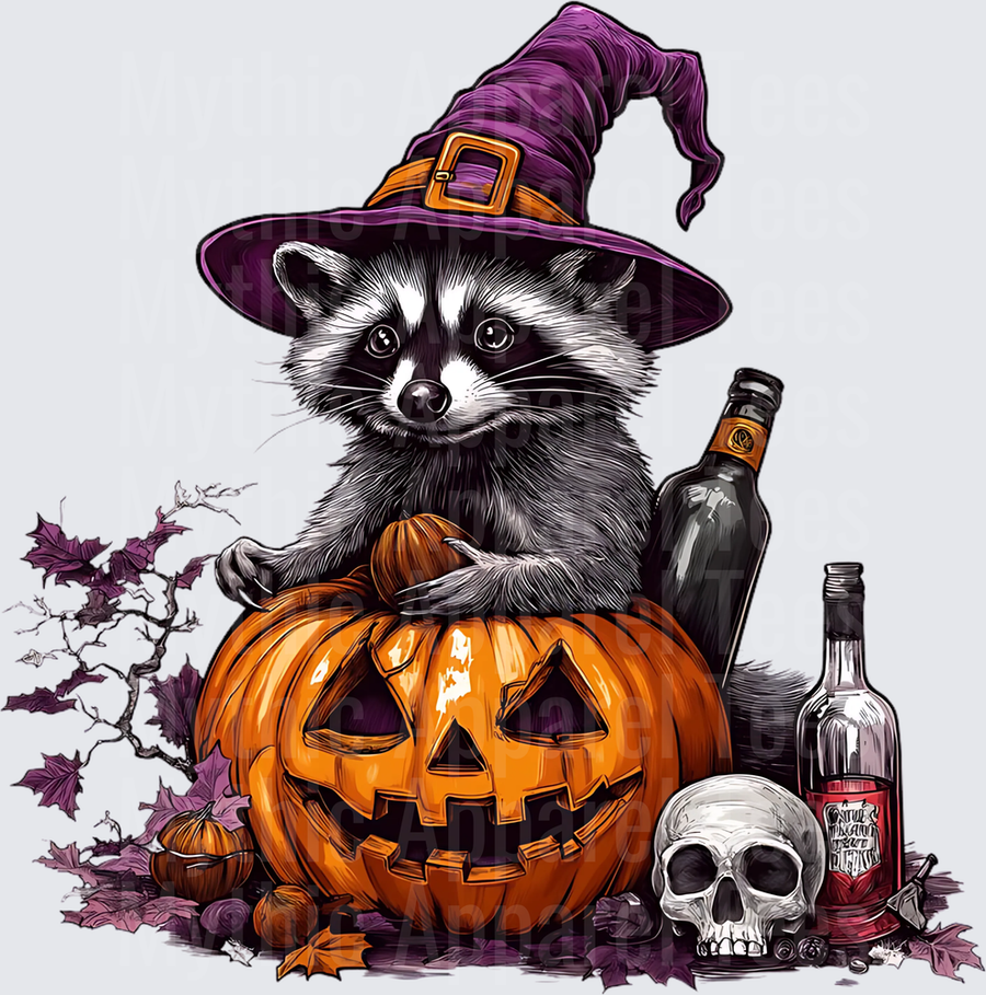 Cute Raccoon Witch Hat Jack-O-Lantern Pumpkin Skull Whiskey Bottle Spooky Halloween