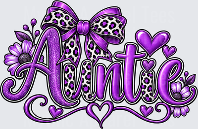 Auntie Purple Glitter Leopard Print Bow Floral Hearts Script Letter Design