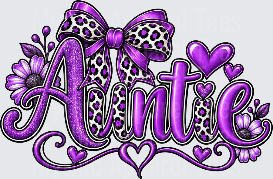 Auntie Purple Glitter Leopard Print Bow Floral Hearts Script Letter Design