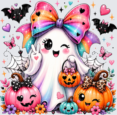 Cute Kawaii Ghost with Rainbow Glitter Bow Peace Sign Holding Jack-O-Lantern Bucket Surrounded by Adorable Pumpkins Bats Butterflies and Spiderwebs Halloween