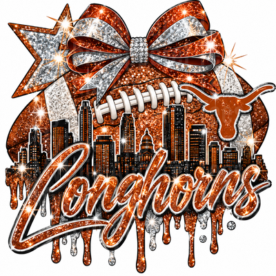 Texas Longhorns Glitter Drip Football with Rhinestone Bow Austin Skyline and Longhorn Logo Design