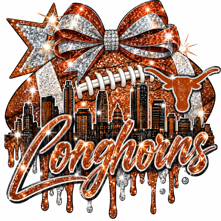 Texas Longhorns Glitter Drip Football with Rhinestone Bow Austin Skyline and Longhorn Logo Design