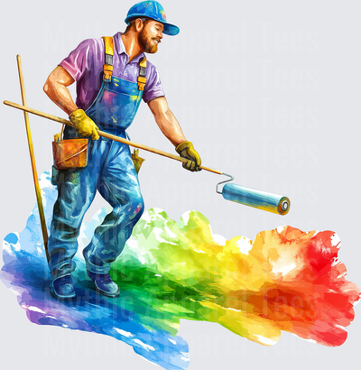 Bearded Painter in Blue Overalls Rolling Rainbow Watercolor Splash with Extension Pole