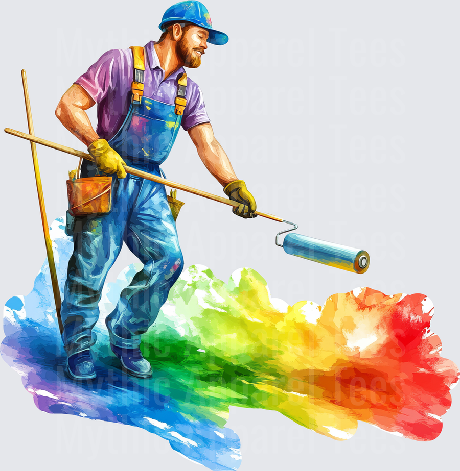 Bearded Painter in Blue Overalls Rolling Rainbow Watercolor Splash with Extension Pole