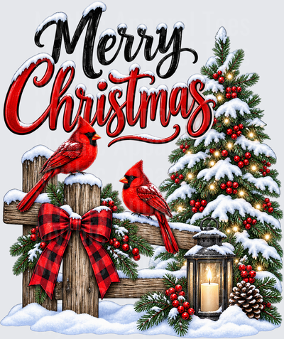 Christmas Merry Christmas Red Cardinals on Snowy Wooden Fence with Buffalo Plaid Bow Lit Lantern and Snow Covered Pine Tree