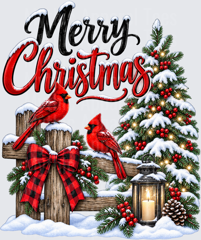 Christmas Merry Christmas Red Cardinals on Snowy Wooden Fence with Buffalo Plaid Bow Lit Lantern and Snow Covered Pine Tree