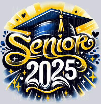 0032 Senior 2025 Airburshed Gold and Blue 2 DTF 2025 Senior Graduation Transfers