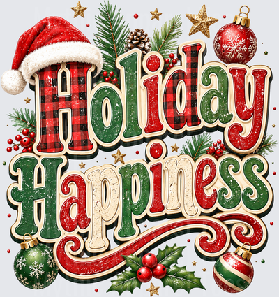 Holiday Happiness Buffalo Plaid Christmas Typography with Santa Hat Ornaments Holly and Pine Branches