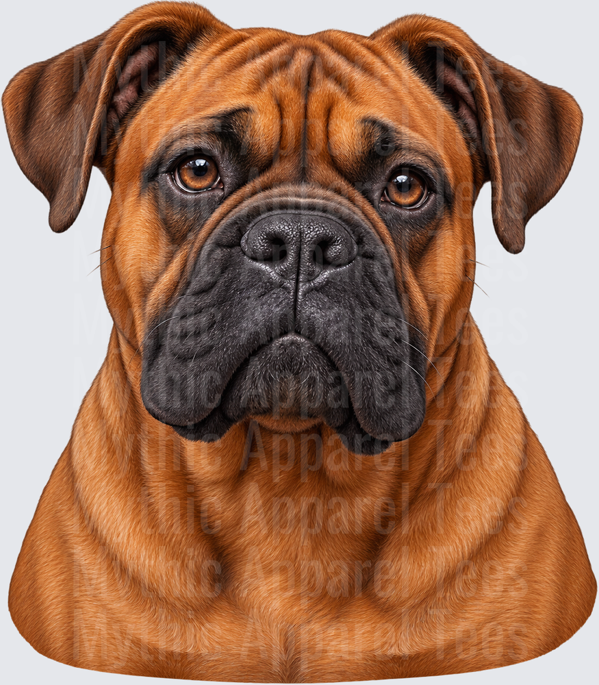 Realistic Bullmastiff Dog Face Portrait with Wrinkled Forehead and Amber Eyes