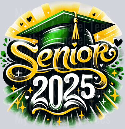 0032 Senior 2025 Airburshed Gold and Green 2 DTF 2025 Senior Graduation Transfers