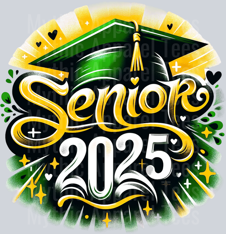 0032 Senior 2025 Airburshed Gold and Green 2 DTF 2025 Senior Graduation Transfers