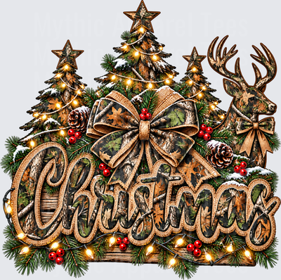 Christmas Camo Buck and Pine Trees with Burlap Bow Lights and Berries Holiday Script Design