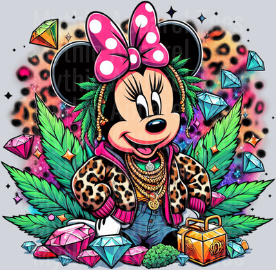 Minnie Mouse 5 Cheeta Print Jewels Smoking Weed DTF Weed Transfers