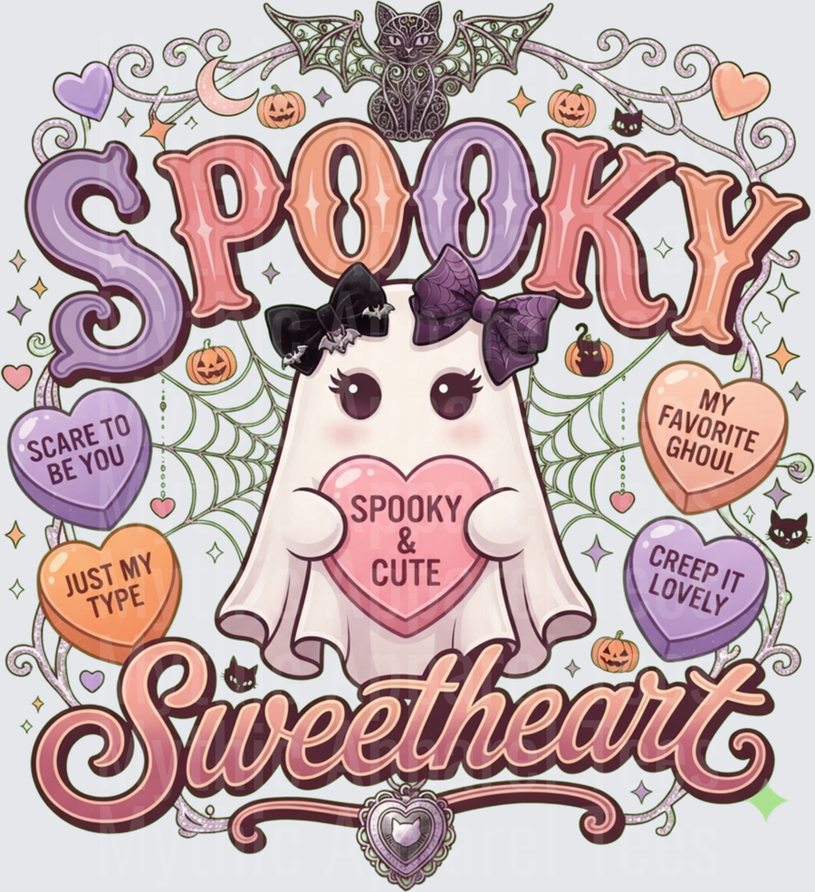 Spooky Sweetheart Cute Ghost with Bow Halloween Candy Hearts Pumpkins and Black Cats Design