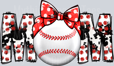 Mom with bow and baseball red stitch lines DTF Baseball Transfers
