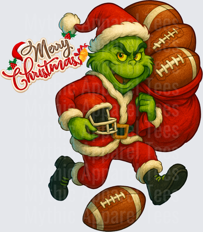 Grinch Football Grinch in Santa Suit Carrying Bag of Footballs with Helmet and Merry Christmas Script