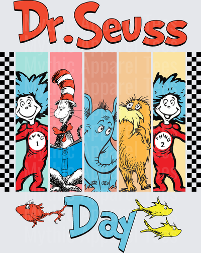 Dr. Seuss Day Celebration featuring Thing 1, The Cat in the Hat, Horton, The Lorax, and Thing 2 with Red and Yellow Fish Panel Design