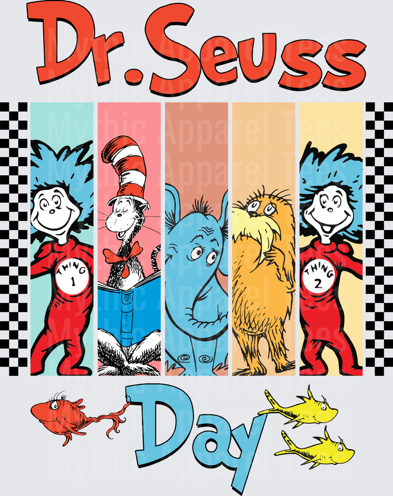 Dr. Seuss Day Celebration featuring Thing 1, The Cat in the Hat, Horton, The Lorax, and Thing 2 with Red and Yellow Fish Panel Design