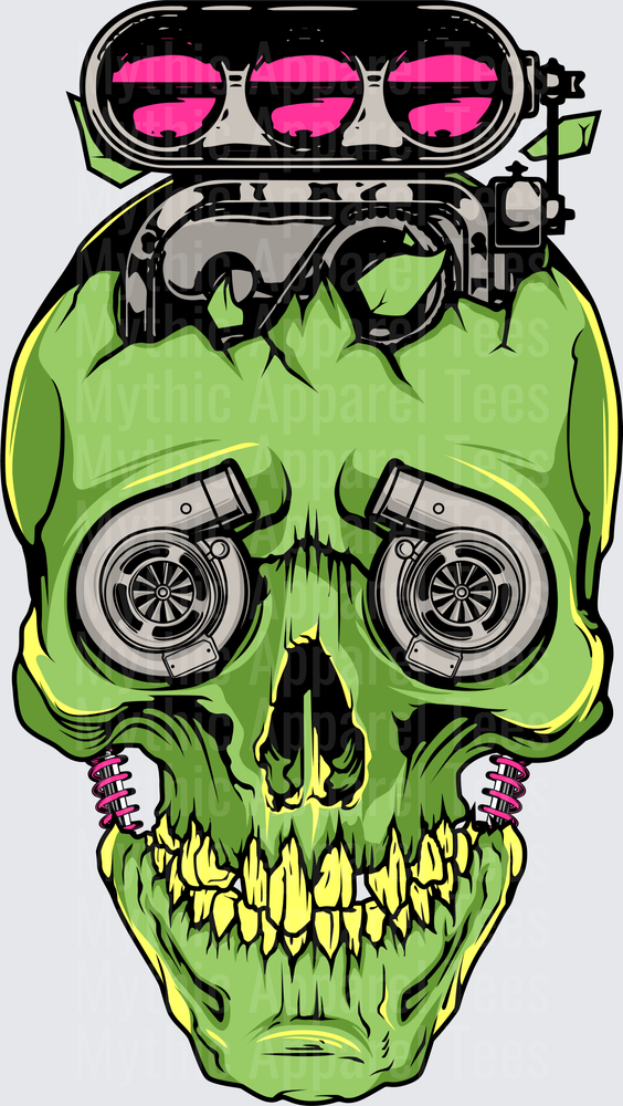 Drifting and Muscle Cars Green Skull Turbo Eyes Engine Head Hot Rod