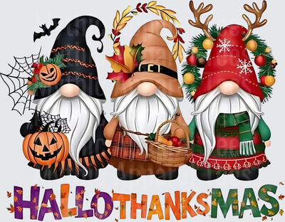Hallothanksmas Three Holiday Season Gnomes Halloween Thanksgiving Christmas Trio with Pumpkin Harvest Basket and Reindeer Antlers