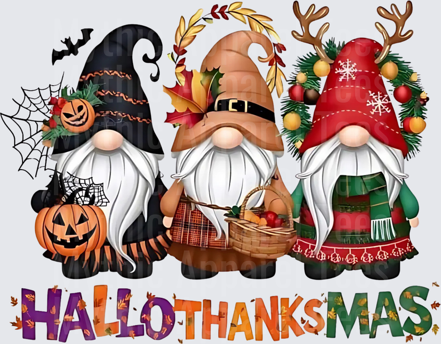 Hallothanksmas Three Holiday Season Gnomes Halloween Thanksgiving Christmas Trio with Pumpkin Harvest Basket and Reindeer Antlers