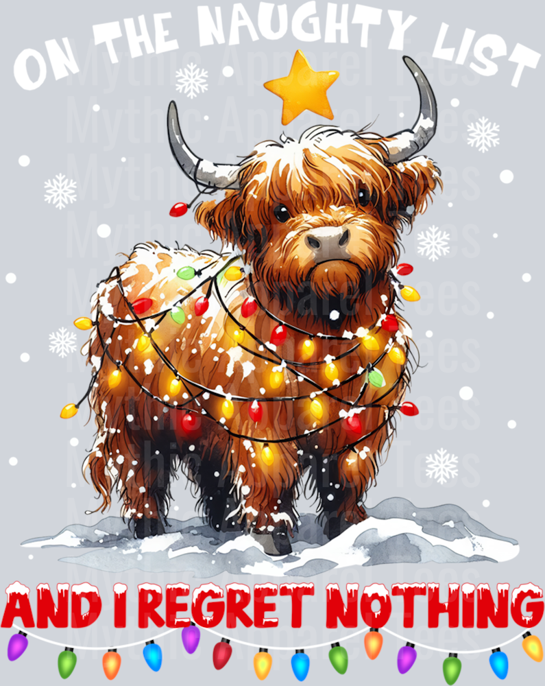 On The Naughty List And Reget Nothing Christmas Highland Cow Long Sleeve T-Shirt