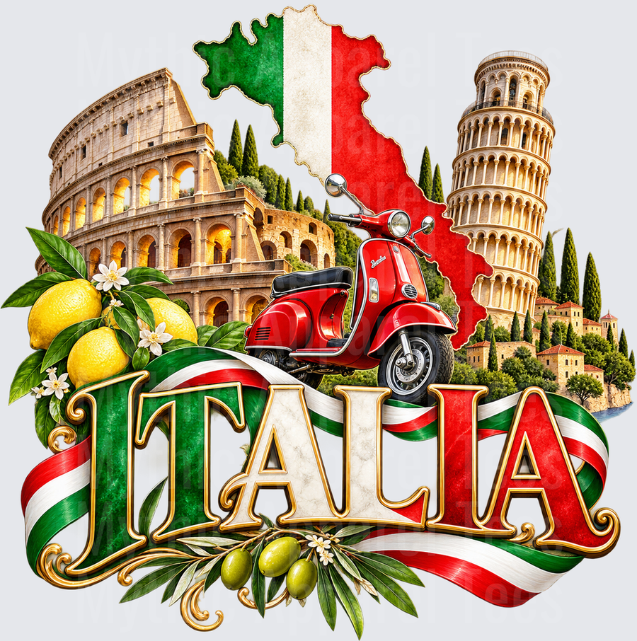 Italia Colosseum Leaning Tower of Pisa Red Vespa Scooter Italian Flag Map Lemons Olives Cypress Trees Patriotic Design