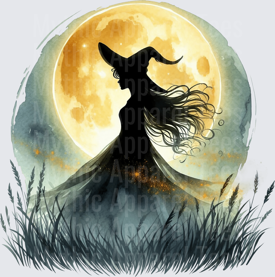Halloween Gothic Witches Silhouette Full Moon Watercolor