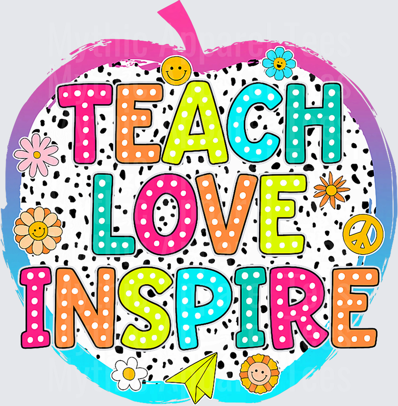 Teach Love Inspire Colorful Polka Dot Letters Teacher Apple Dalmatian Print with Retro Flowers Smiley Faces and Peace Sign