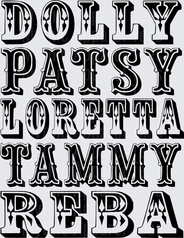 Dolly Patsy Loretta Tammy Reba Country Music Legends Stacked Western Typography